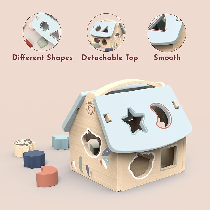 House Shape Sorter with 8 Blocks, Fun Colors, Shapes, Monkey Character, Wooden Toy, Non-Toxic Paint, Enhances Learning, Ideal for Kids | 8 blocks, monkey character, sorting & stacking toys, montessori toys, preschool toys, shape recognition, fine motor...
