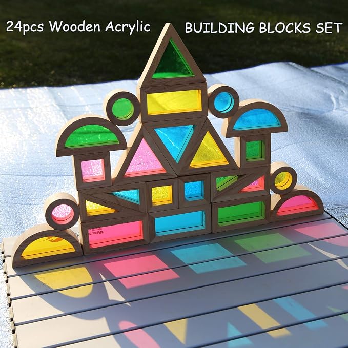 Wooden Building Blocks Set with Color Windows, 24-Piece Toddler Toy | Translucent color windows support stacking, light play, shape sorting, and Montessori-style learning.