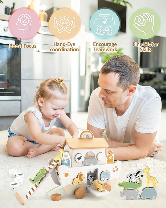 Wooden Noah's Ark Toy for Toddlers 1-3, Baptism Gift for Boys and Girls | Neutral Colors • Animal Shape Matching • Fine Motor Skills • Christian Faith Learning • Bible Story Learning