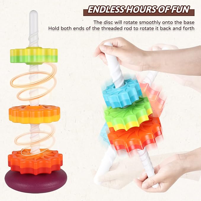 JUXUE Spinning Toy, Rainbow Stacking Toys for Children 1-3, Ring Stacker Toys 12 Months, 1 One Year Old Girl Boy Christmas Birthday Gifts, Montessori Autism Sensory Toy