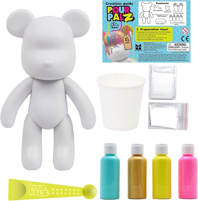 Pour Palz DIY Paint Pouring Kit – 1 XL Bear Figurine, 4 Acrylic Pour Paints, Mixing Cups & Tools, Create Unique Marbled Art, Fun Hands-On Craft Kit for Kids & Adults, Gold Gumdrop, Ages 5+