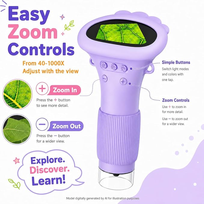1000X Kids Microscope Handheld Camera, 2'' Screen Wonder Quest Microscope Camera for Kids, Educational Magnifying Glass Toy, Christmas Birthday Gifts for Age 3 4 5 6 7 8 9 10 11 12 Girls Boys - Purple