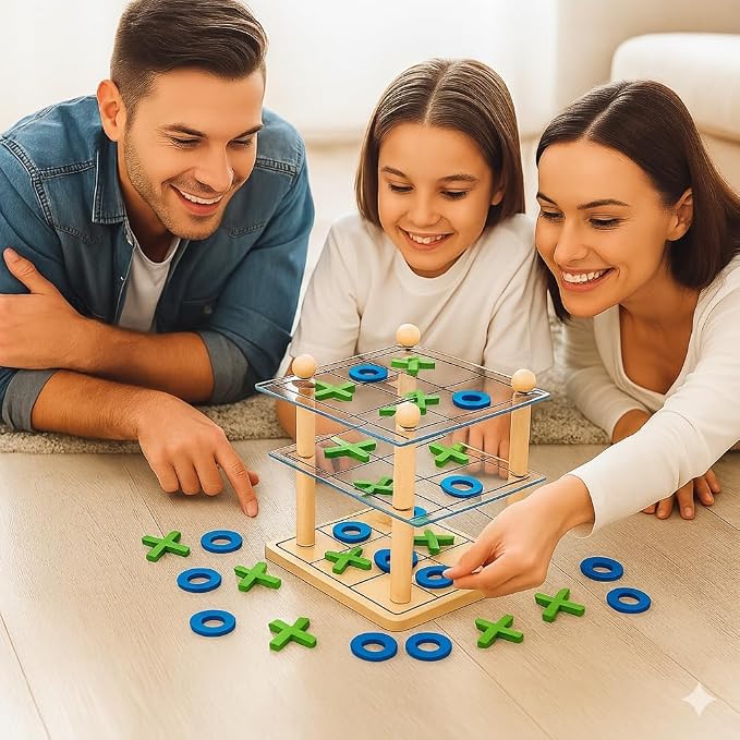 3D Wooden Tic Tac Toe Board Game, Classic XO Strategy Game | Durable Tabletop Game for Kids and Adults, Fun Family Activity for Parties, Travel, Gatherings and Game Night