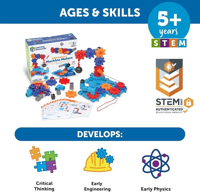 Learning Resources STEM Explorers Machine Makers - 60 Pieces, Ages 5+, Building Montessori Toys, Engineering Activities, Fine Motor Skills