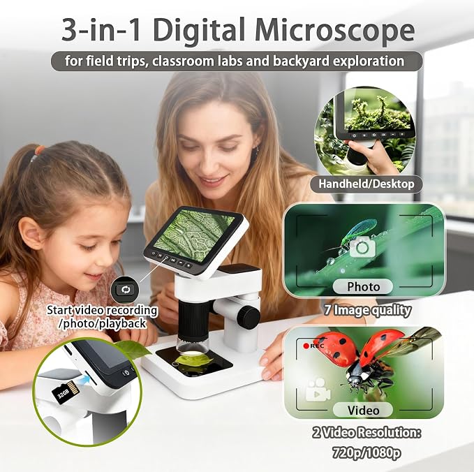 HoverBots Digital Microscope for Kids with 32 GB TF Card | 4.5" Screen Rechargeable Handheld Microscopes, Portable Educational Science Kits for Boys Girls Student Children