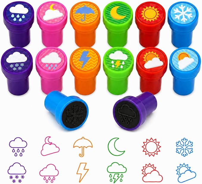 Cinrobiye 24 Pcs Weather Stampers Party Favor Set, Cute Weather Symbols Stamps for Kids Birthday Party, Classroom Rewards, Educational Learning Toys, Goody Bag Fillers