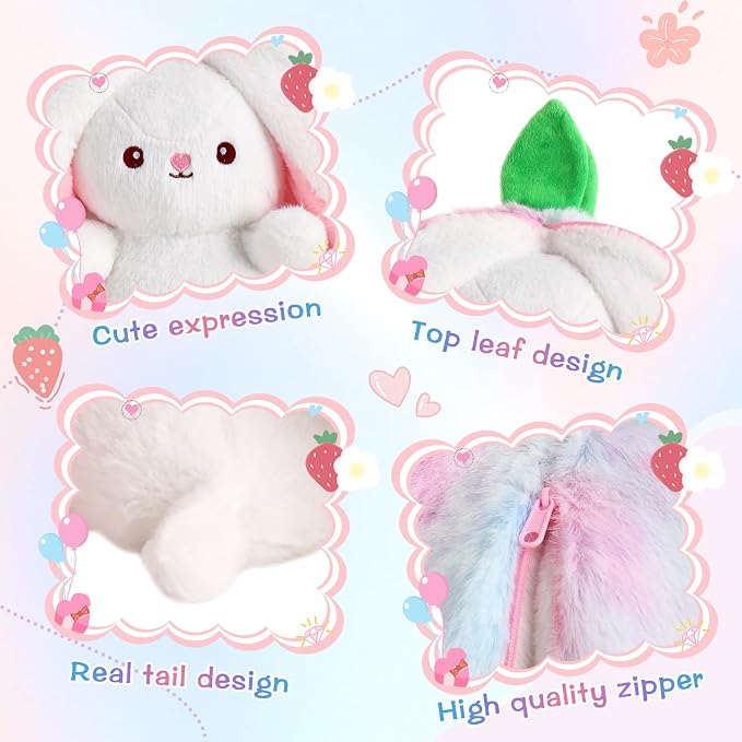 MIAODAM Reversible Strawberry Bunny Stuffed Animal, Cute Plush Rabbit Toy | Funny Plushie for Babies & Children, Perfect Easter & All Holiday Gift (10 Inch)