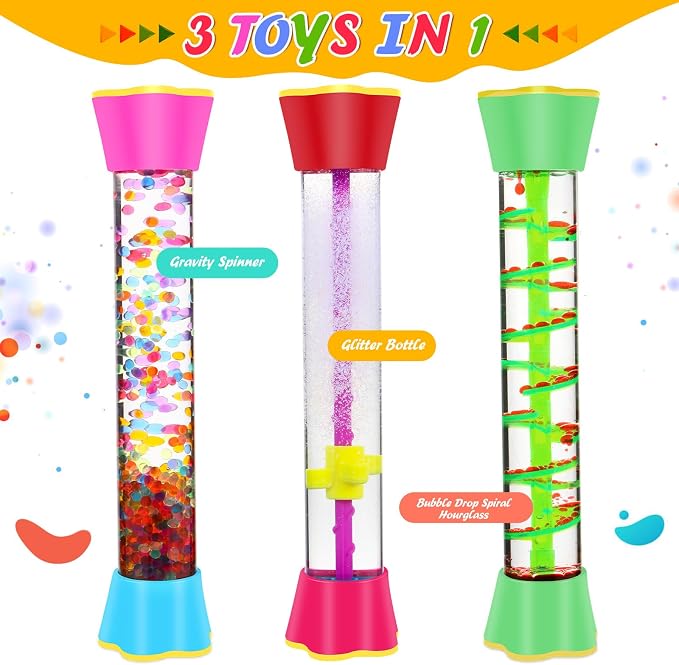 Sensory Fidget Tubes - Calming Toys for Kids- Sensory Tube with Glitter Bottle, Gravity Spinner, Bubble Drop Spiral - Fidget Toys for Classroom, Desk Decor, Stocking Stuffers