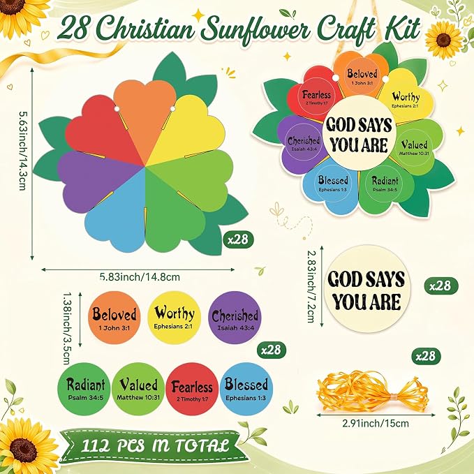 Capoda 28 Sets Sunday School Crafts for Kids God Says You are Sunflower Crafts DIY Christian Religious Sunflower Gifts for Kids Sunday School VBS Classroom Church Activity Supplies(Rainbow,Vivid)