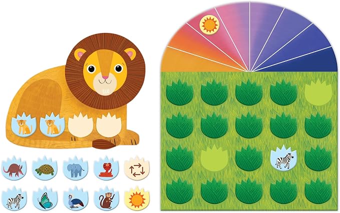 Lion's Safari Search Cooperative Game from Mudpuppy - Memory Matching Game with 1 Game Board, 1 Lion Mat, 1 Sun Token, 20 Grass Shaped Tiles & Fun Facts, Perfect for Family Game Night, 3+