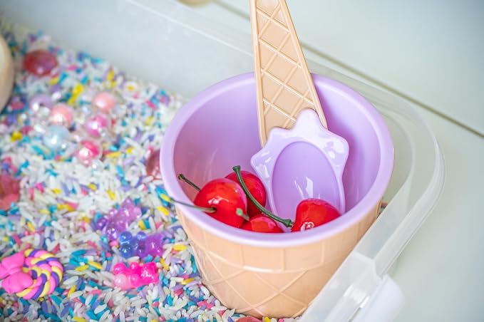 Sweets Shop Sensory Bin Kit for Kids | Bright Rainbow Rice, Candy Erasers, Donut Containers & Wooden Tools – Includes Clear Storage Bin