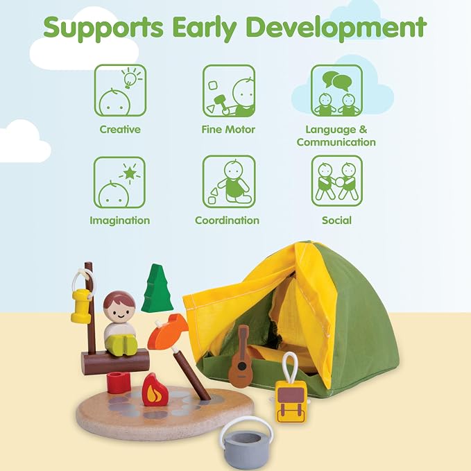 PlanToys Pretend Play Camping Set (6624) | Sustainably Made from Rubberwood and Non-Toxic Paints and Dyes | wooden camping play set, montessori imaginative role play, social skill development, open-ended adventure toys, kids toy
