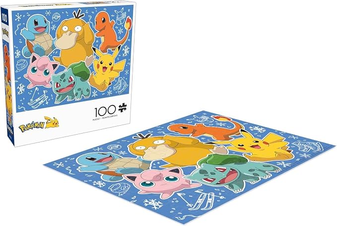 Buffalo Games - Pokémon Kanto Holiday - 100 Piece Puzzle for Kids Ages 6-8 | Made in USA, Recycled Board, Includes Poster, Giftable, Frameable Art