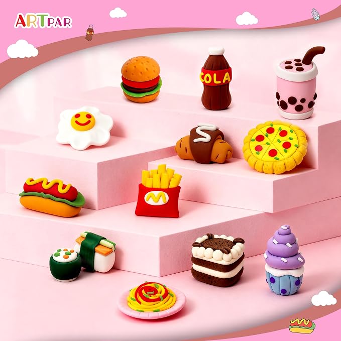 ARTPAR Air Dry Clay for Kids,12 Mini Food Modeling Magic Clay Sculpting Kit | Safe Non-Sticky,Ultra Light & Soft,Arts & Crafts Fun Playset Kitchen Toys,Home Party Favors for Boys Girls 3+ Years
