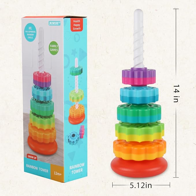 JUXUE Baby Spinning Stacking Toys for Toddlers 1-3, Rainbow Ring Stacker Montessori Toys for Babies for 12 Months, 1 2 3 One Year Old Girl Boy Christmas Birthday Gifts, Autism Sensory Learning Toy