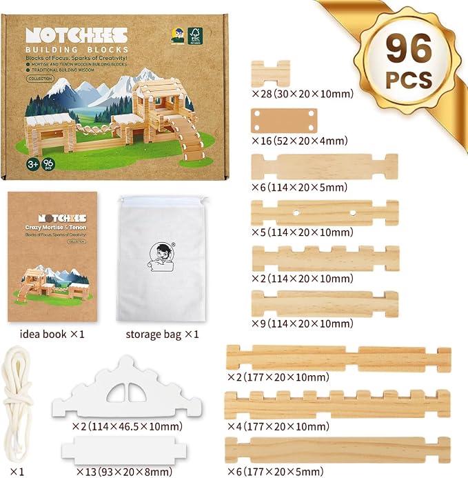 Jovi-Mindly & Notchies 96 PCS Wooden Building Blocks Toy Set for Kids Ages 4+ Boys Girls, Creative Construction Imaginative Cabin House with Storage Bag STEM Educational Learning Toy for Birthday Gift