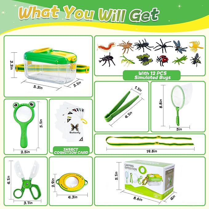 YongnKids 28 Pcs Bug Catcher for Kids with Butterfly Net for Kid Age 3 4-8 | Bug Catching Kit Outdoor Explorer Kit with Magnifying Glass Insect Catcher Tweezers, Insects & Insect Cognition Cards