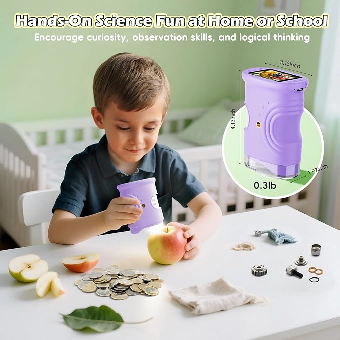 Alotwan Kids Digital Microscope 1000X Zoom, Mini Pocket Handheld Microscope with Camera/Video/Telescope Function, Portable Outdoor Travel Toys Magnifying Glass for Boys Girls 3-8 Years STEM Gifts