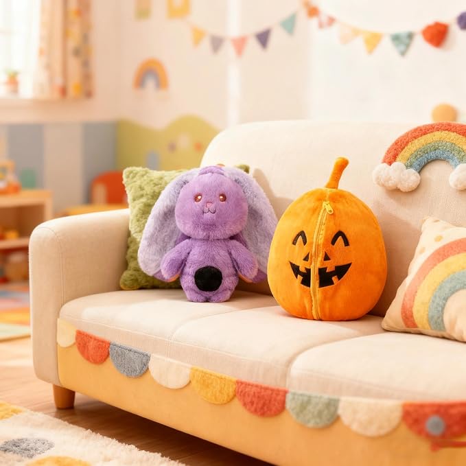 MIAODAM Halloween Pumpkin Bunny Plush,Reversible Bat Stuffed Animal for Kid