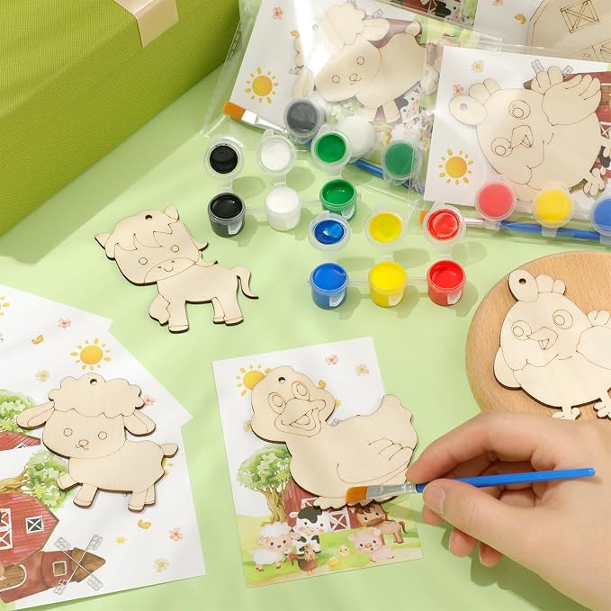 24 Pcs Farm Animals Party Favors Wooden Paint Craft Kits | Farm Theme Birthday DIY Activity, Animal Shapes with Barn,Organza Bags for Goodie Bag Fillers