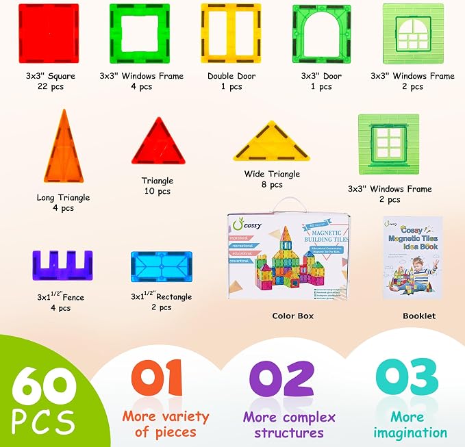 cossy 60 Pcs Magnet Tiles Magnetic 3D Building Blocks Set Educational Construction Toys for 3+ Year Kids with Stronger Magnets, Rivets-Fastened, Educational,Recreational, Conventional