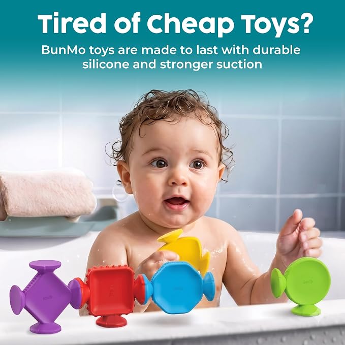 Bunmo Toddler Bath Toys - Best Montessori Toys for Kids Ages 1 2 3 4 Year Old Boys & Girls Gifts, Best Sensory Toy for Babies 12 Months +, No Hole Bath Toy for Kids Ages 1-3 & 2-4 (Big Shapes 5 Pack)