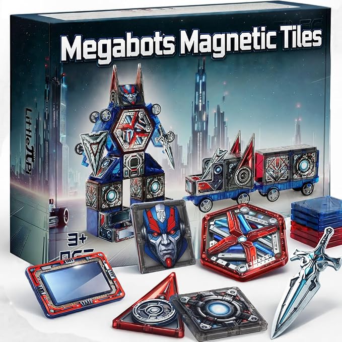 Little Pi Transformer Toys MegaBots Magnetic Tiles, Transforming Robot Toy | Durable ABS plastic, STEM engineering, sword & shield, screen-free kids gift ages 3 4 5 6, builds vehicles bases towers scene