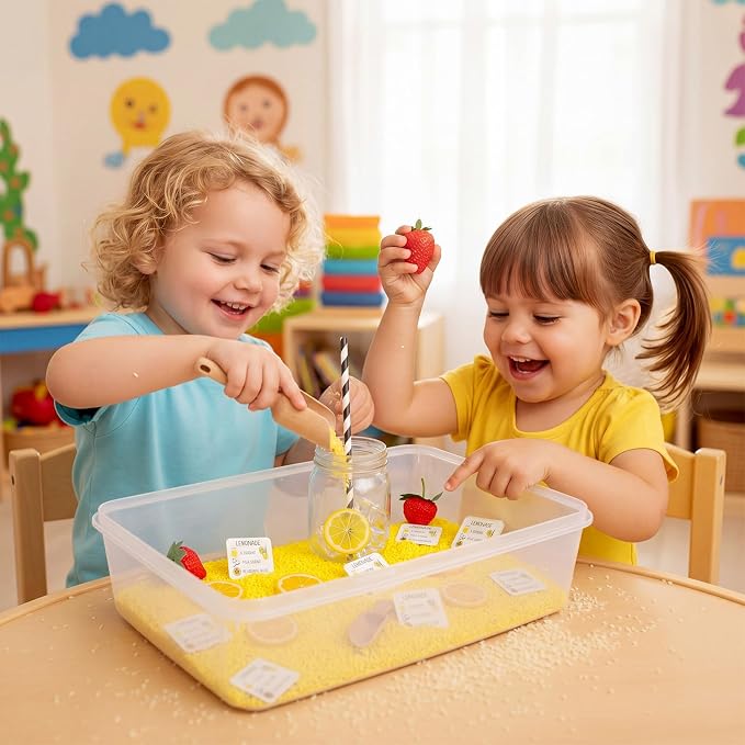 Beeveer 39 Pcs Lemonade Sensory Bin for Kids Summer Sensory Set with Box Yellow Rice Filler Fake Lemon Slices Cubes Cards Strawberry Jar Straw Spoon for Toddlers Gifts Summer Counting Sorting Tools