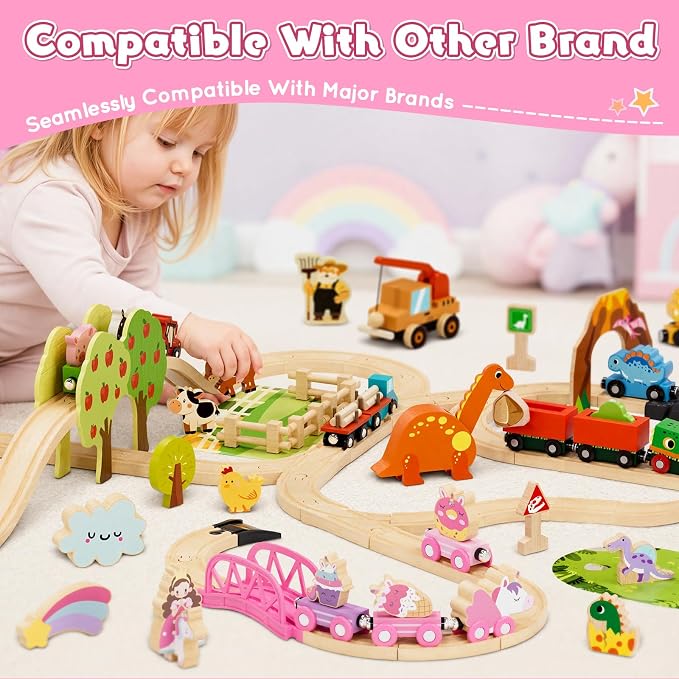 Lehoo Castle Pink Unicorn Wooden Train Set for Girls with Storage Bag | Compatible with Most Wooden Train Tracks, Expandable, Changeable Fantasy Railway Playset, Birthday Gift for Girls Ages 3+