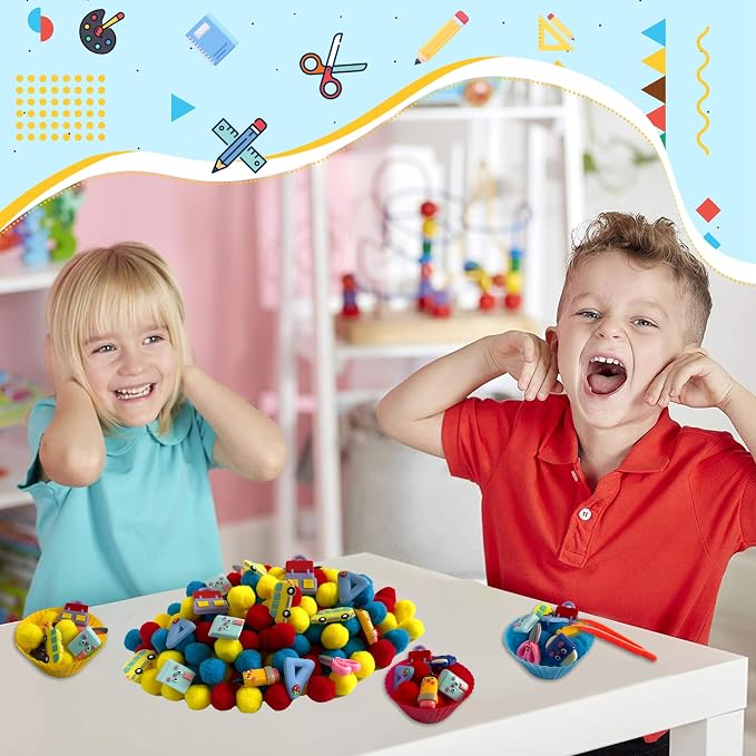 154Pcs Back to School Sensory Bin Filler Fine Motor Toys Stationery Sensory Bin Items Counting Sorting Toy for Preschool Education Activities Include Pom Poms Pen Scissors Notebooks Cup