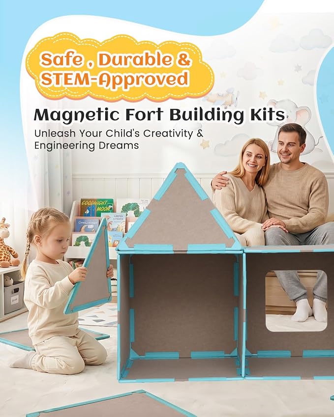 Magnetic Fort Building Kit, 20-Piece Giant Magnetic Tiles Fort for Kids STEM Creativity, Strong Magnets & Safe Magnetic Fort Building Panels for Building Castles, Boat & Tunnels, Ages 3+