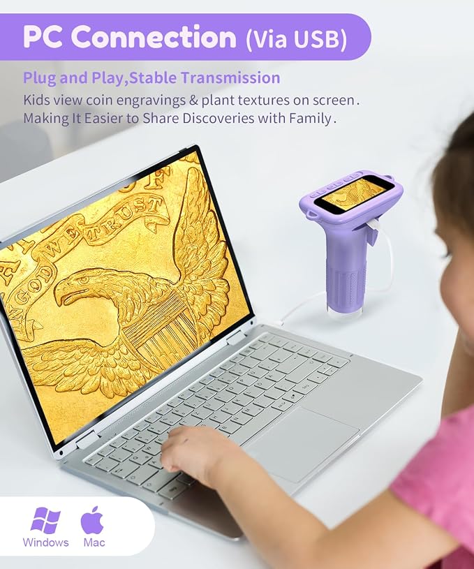USCAMEL Digital Microscope for Kids 5-7: 1000x Kids Handheld Microscope with Screen 2" inch Pocket miniscope with Slides Kit - for Children Toddler Student Nature Explorers Educational Toy, Purple