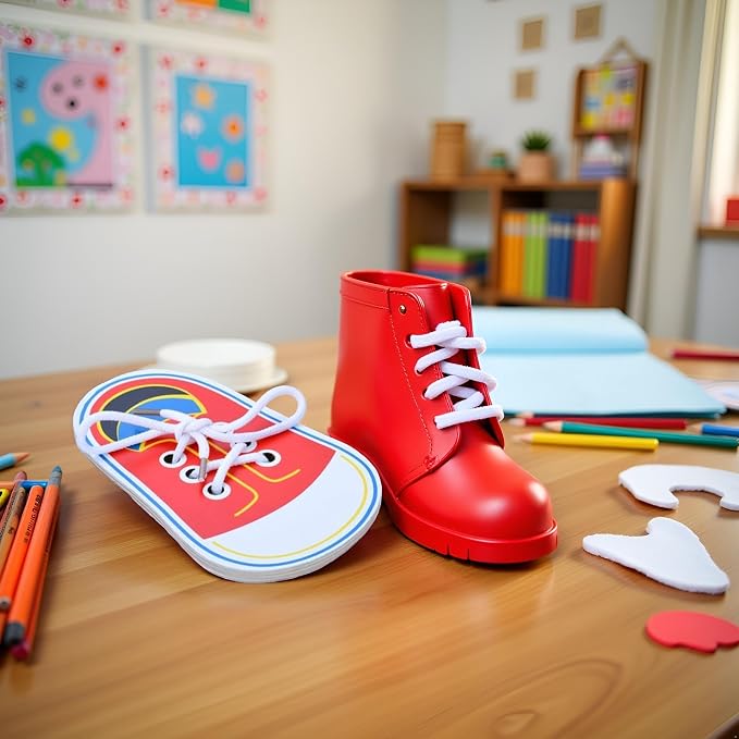 Labriciyon 1Pc Red Shoes Learning Decor Kits,Learn to Tie Your Own Shoes,Practical Learning Decor for Person,Training Board Early Wooden Threading Lacing Craft Kits,Drawing Kits,Arts and Crafts