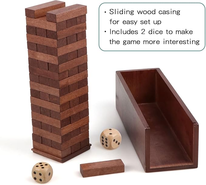 54PCS Tumbling Tower Game Wooden Blocks Stacking Game for Kids Adult Family | Canuan Wooden Tumbling Tower for Party Camping, Classic Stacking Blocks Wooden Board Tabletop Games with Storage Box Dices