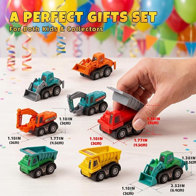 Small Construction Vehicles Toy Cars for Toddlers 1-3, Mini Pull Back Cars Trucks for Toddlers 2-4, Birthday Party Favors Kids 3-5, Goodie Bag Stuffers Boy Potty Training Prizes Sensory Bin Toys (12)