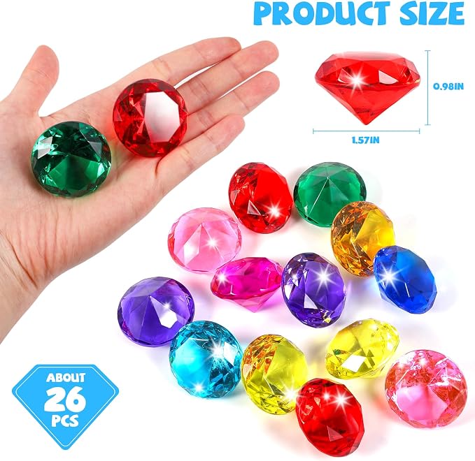 Niceup 52PCS Kids Gems Diamond Toys 1.57in Treasure Jewels Pool Diving Swimming Game Toy Crystal Acrylic Plastic Gemstones for Pirate Mermaid Princess Party Favors Decor