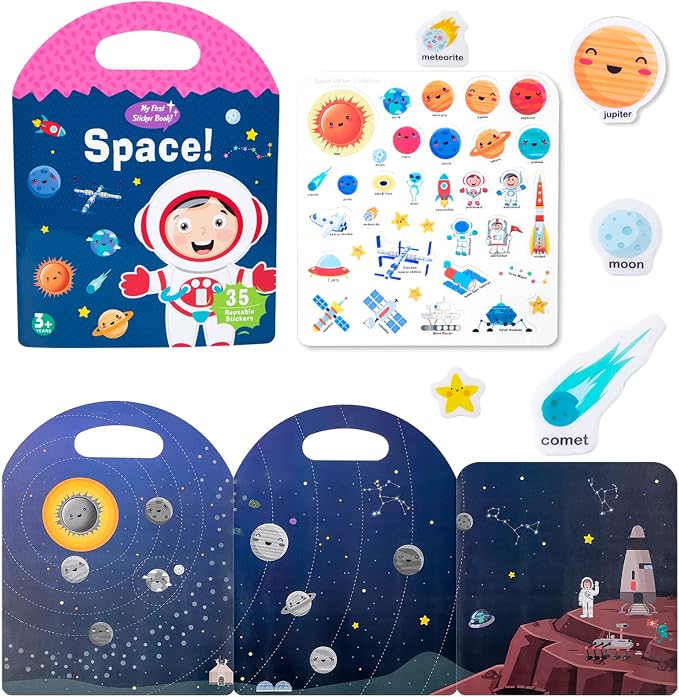 Jelly Reusable Sticker Books, Portable Travel Toys Sticker Activity Book for Kids 3+ Year Old Girls Boys (Space)