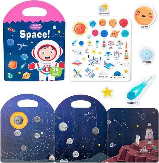 Jelly Reusable Sticker Books, Portable Travel Toys Sticker Activity Book for Kids 3+ Year Old Girls Boys (Space)