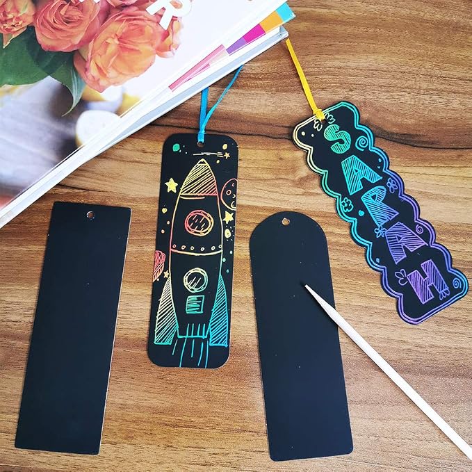 Supla 36 Sets 4 Style Magic Scratch Rainbow Bookmarks Making Kit for Kids Students Party Favor Scratch Paper DIY Bookmarks Bulk with Scratching Tools Satin Ribbons for Classroom Activities