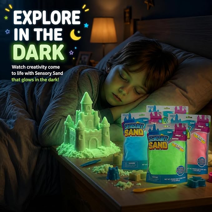 Carolart Glow in the Dark Sensory Sand Refill for Kids 7.5lb | 7.5lb Bulk Sensory Bin Filler, 5 Color Moldable Play Sand, Sensory Kit for Sand Tables, Classroom Activities & Crafts