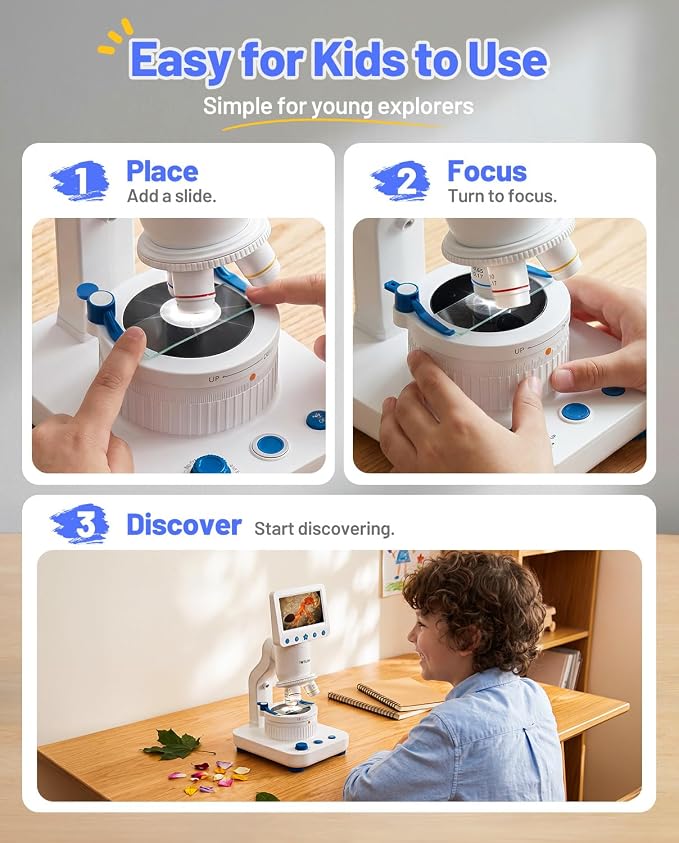 TOMLOV DM302K Microscope for Kids, 800X Science Kit, 4.3" Screen STEM Toy | 12 Prepared Slides, Easy Focus, Beginner-Friendly, Wireless Phone Sharing, USB PC Disply, Photo & Video, Dual LEDs, Ages 6-12