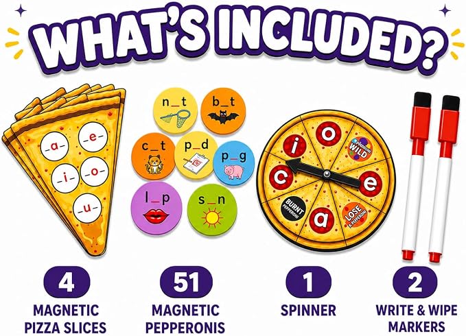 CVC Words on Pepperoni - Learn to Read & Write, Magnetic Phonics Games | Preschool Kindergarten Learning, Write-Wipe Activity, Classroom & Homeschool Supplies, Speech Therapy Ages 3+
