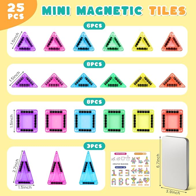 3 Otters Mini Magnetic Tiles with Case, 25PCS | Travel Pocket Size, STEM Building Toys, STEM Building Toys, Classroom Prize, Screenless Play, Gifts for Toddlers