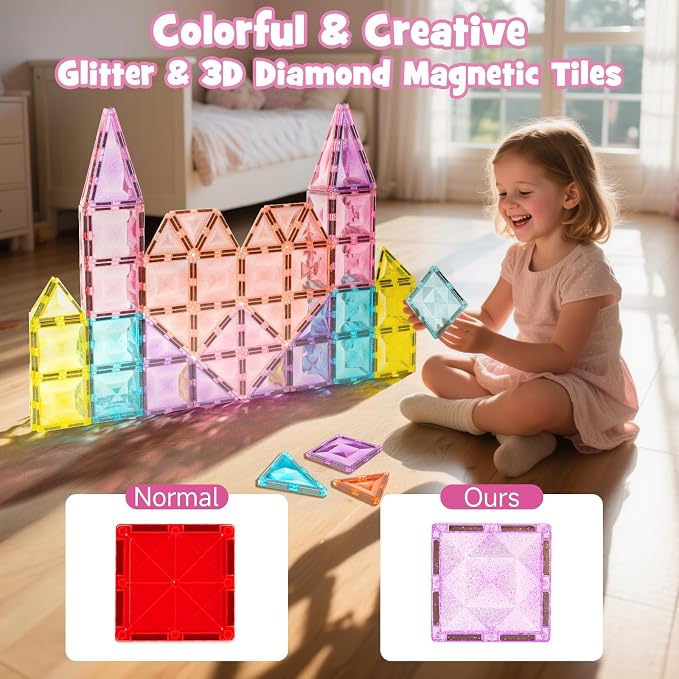 WMXDU Large Pastel Magnetic Tiles: Glitter Diamond Castle Building Set | 48-Piece Glitter Tiles for Girls Ages 3-8, Large Size Safe for Little Hands. Metal Box Stores & Doubles as Base
