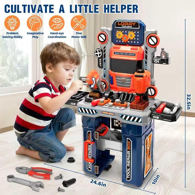 Kids Tool Bench with Electric Drill and Power Miter Saw, Construction Workbench Toys for Boys Age 3 4 5 6 7 8, Toddler Realistic Tools Table Playset, Tool Box Set, Christmas Birthday Gift for Kids 3-5