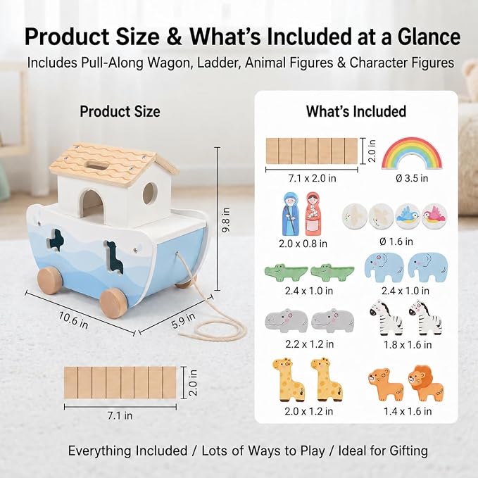 Wooden Noah’s Ark Toy for Toddlers 1-3, Montessori Animal Shape Sorter with 8 Pairs of Animals, Noah Figures, Rainbow, Ladder and Lacing Rope, Baptism Gift for Boys