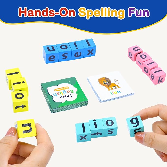 Spelling Games for Kids Ages 3-8, Learn to Read Phonics & Word Building Game with 40 Flash Cards, 16 Wooden Letter Blocks for Screen-Free Family Fun & Preschool Classroom Learning