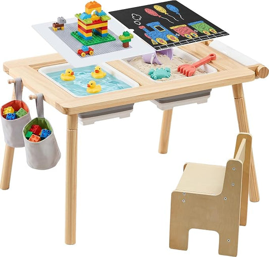 GITAWUSA Sensory Table and Chair for Toddlers 2-8, Wood Kids Activity Tables with Storage Bins, Toddler Play Table with Roll Holder for Drawing Paper, Kids Art Tables with Double-Sided Graffiti