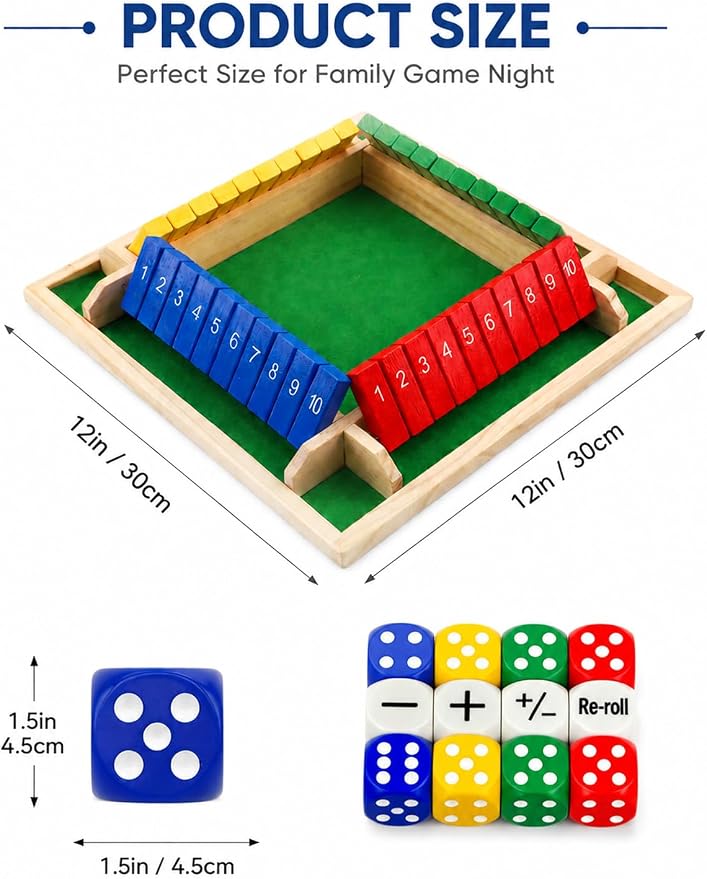 Upgraded 12-inch Shut The Box Game, Easy Quick and Fun Educational Math Game with 4 Symbolic Dice, 1-4 Players Wooden Board Games for Family Night Classroom Party, Tabletop Games for Kids Adult Senior