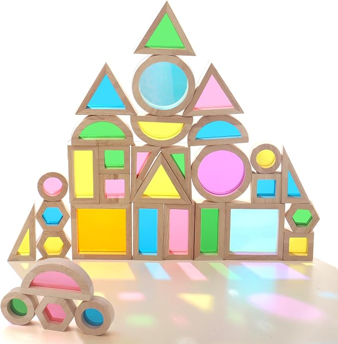 Dinhon 32-Piece Acrylic Rainbow Building Blocks Set for Kids - Colorful Stacking Blocks, Educational Toddler Puzzles, Preschool Learning Toys, Gifts for Ages 1 2 3 4 5 Boys and Girls